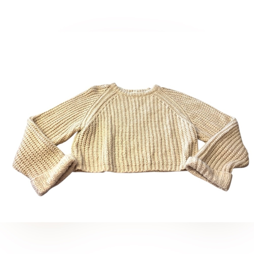 POL Rolled Sleeve Cropped Cozy Cream Knit Sweater Sz S